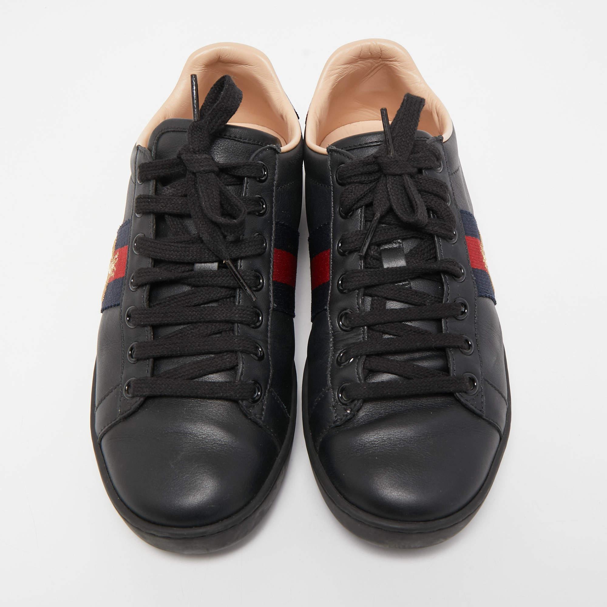 Don't miss out on making these sneakers yours this season. Crafted from leather, these black Ace sneakers feature lace-up vamps, rubber soles, and leather insoles for added comfort. These classy sneakers from Gucci will be super easy to