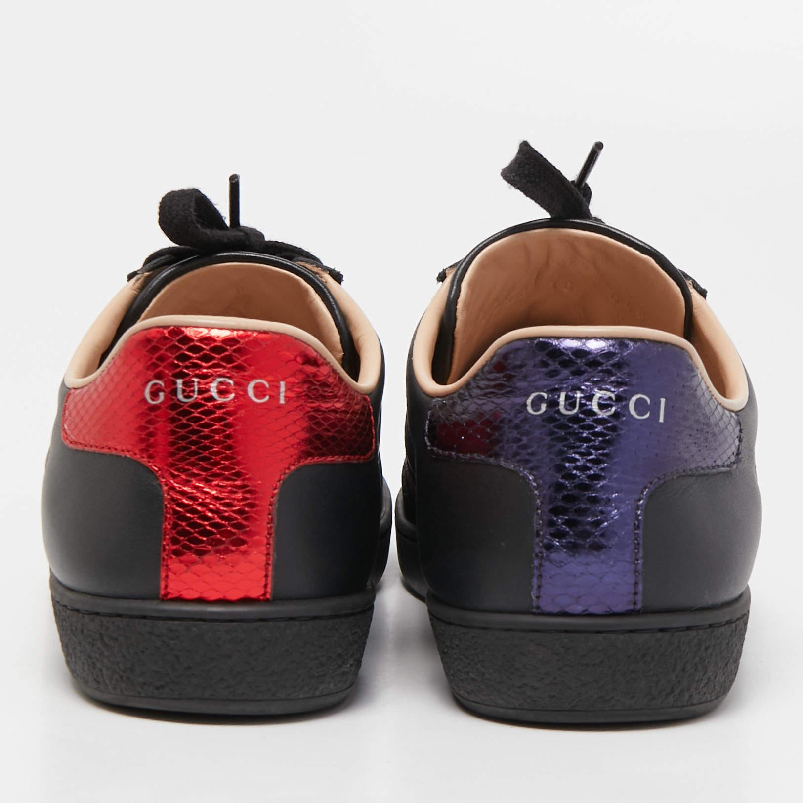 Gucci Black Leather Ace Web Low Top Sneakers Size 36 In Good Condition In Dubai, Al Qouz 2