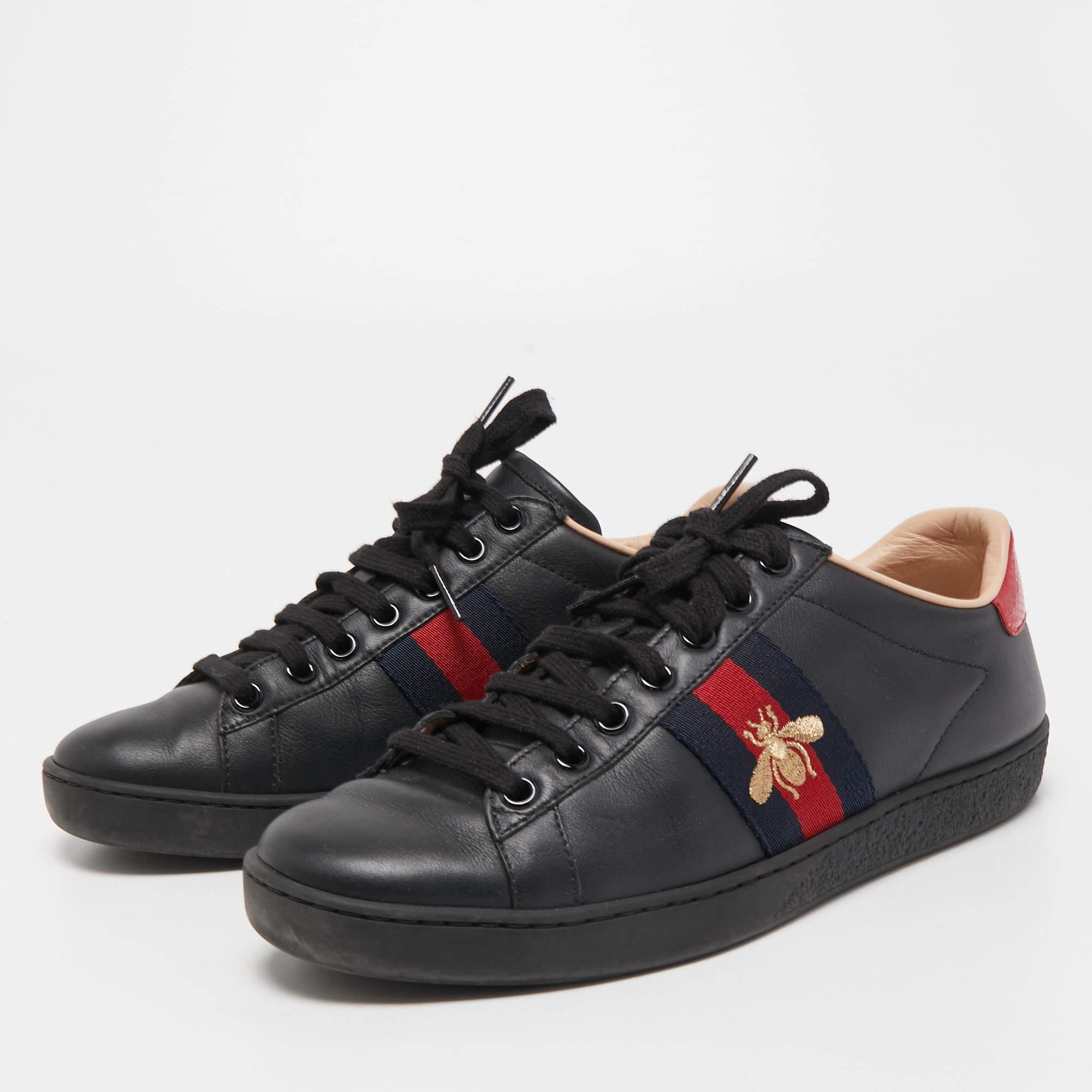 Women's Gucci Black Leather Ace Web Low Top Sneakers Size 36