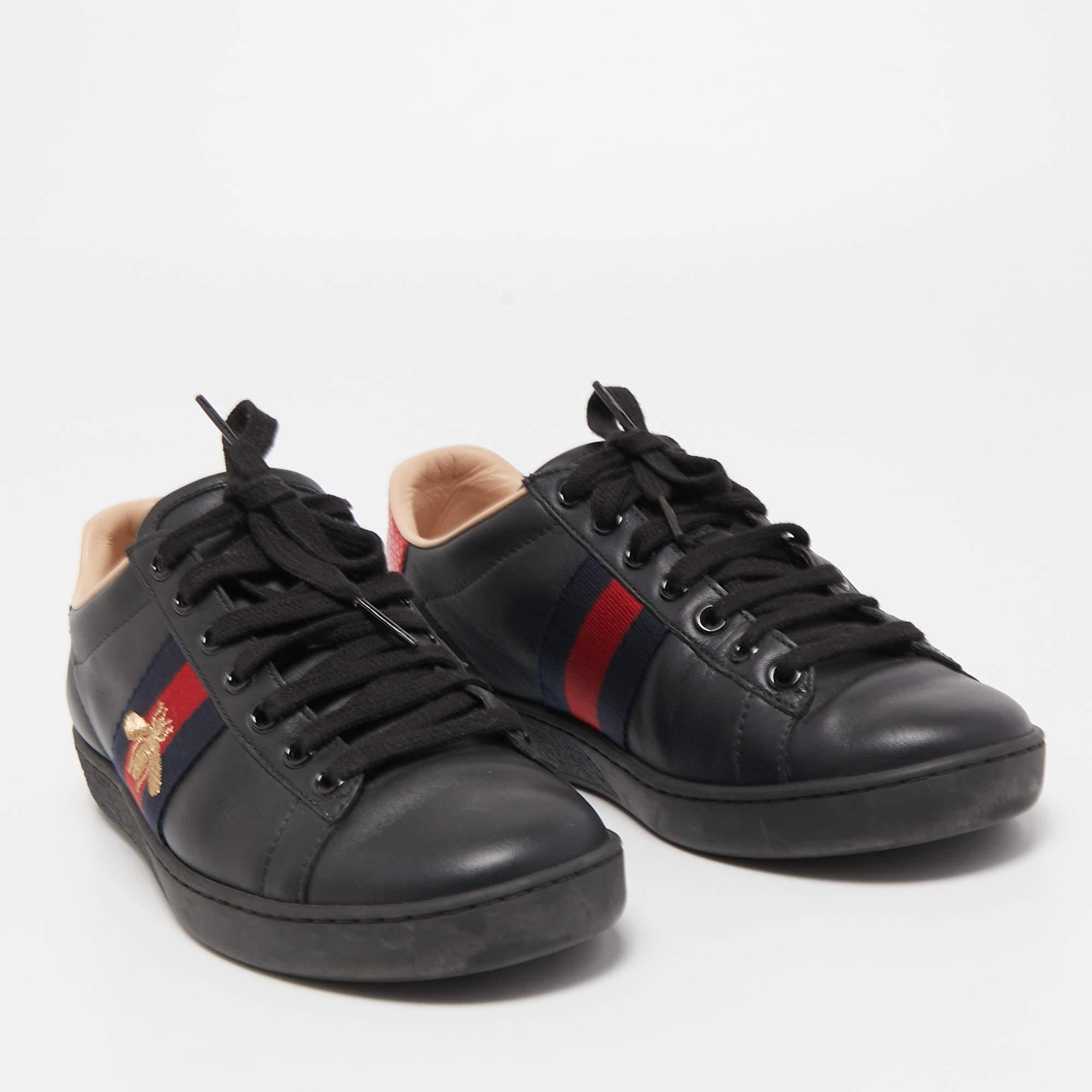 Gucci Black Leather Ace Web Low Top Sneakers Size 36 1