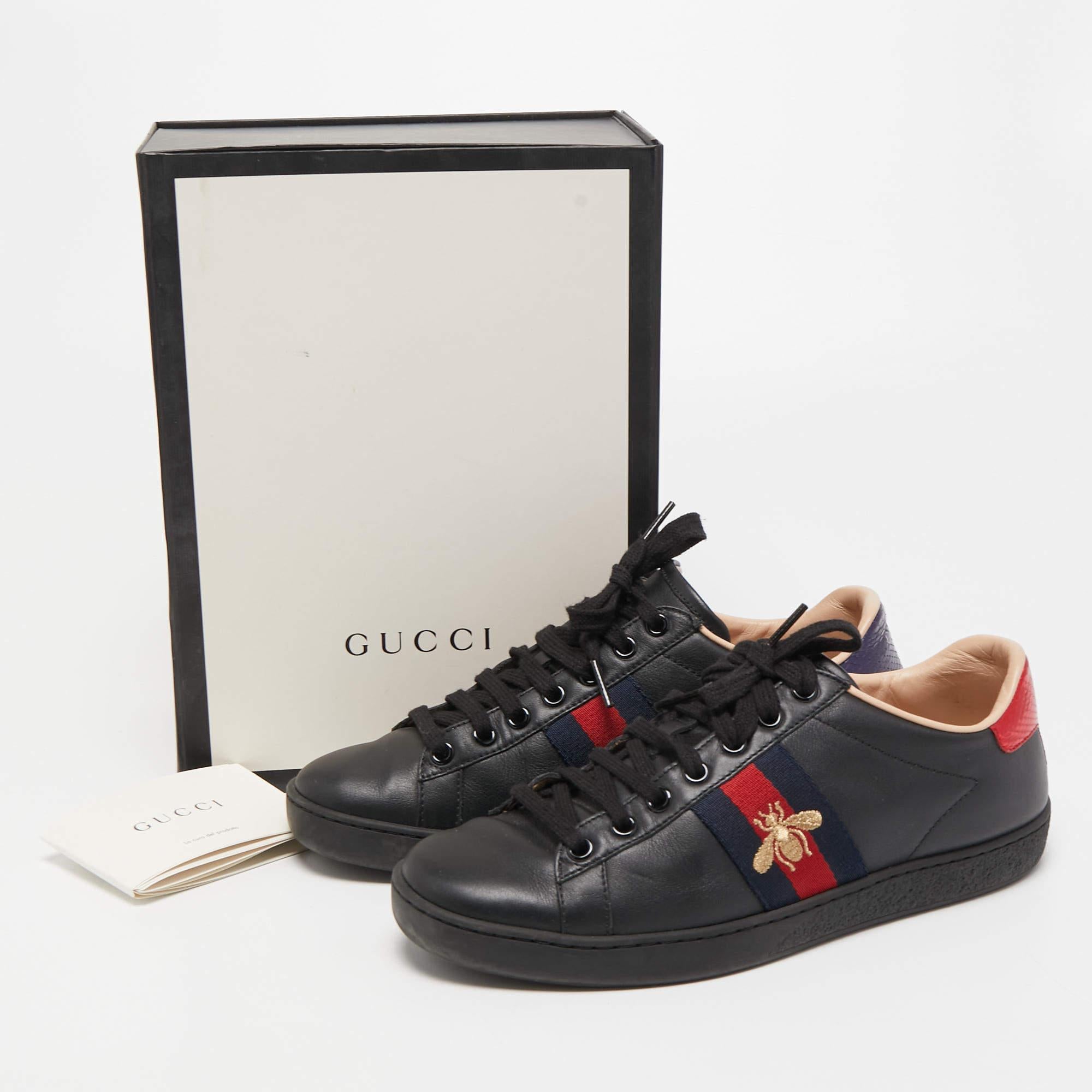 Gucci Black Leather Ace Web Low Top Sneakers Size 36 2