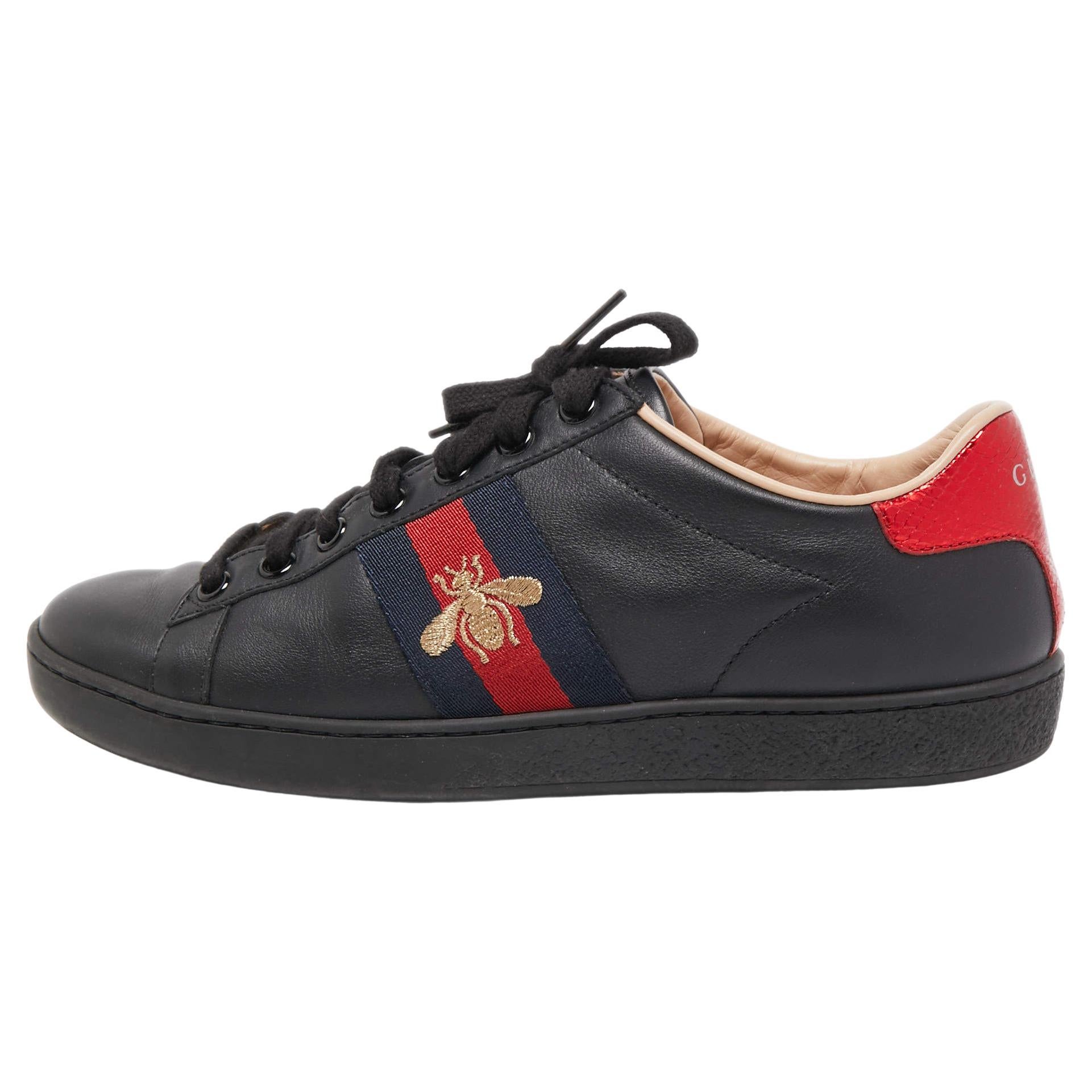 Gucci Black Leather Ace Web Low Top Sneakers Size 36