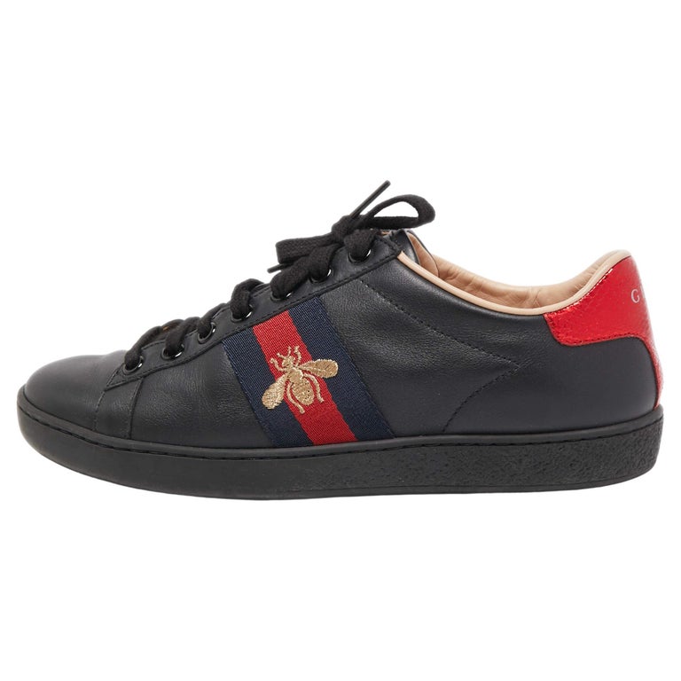 Gucci Black Leather Ace Web Low Top Sneakers Size 36 For Sale at 1stDibs