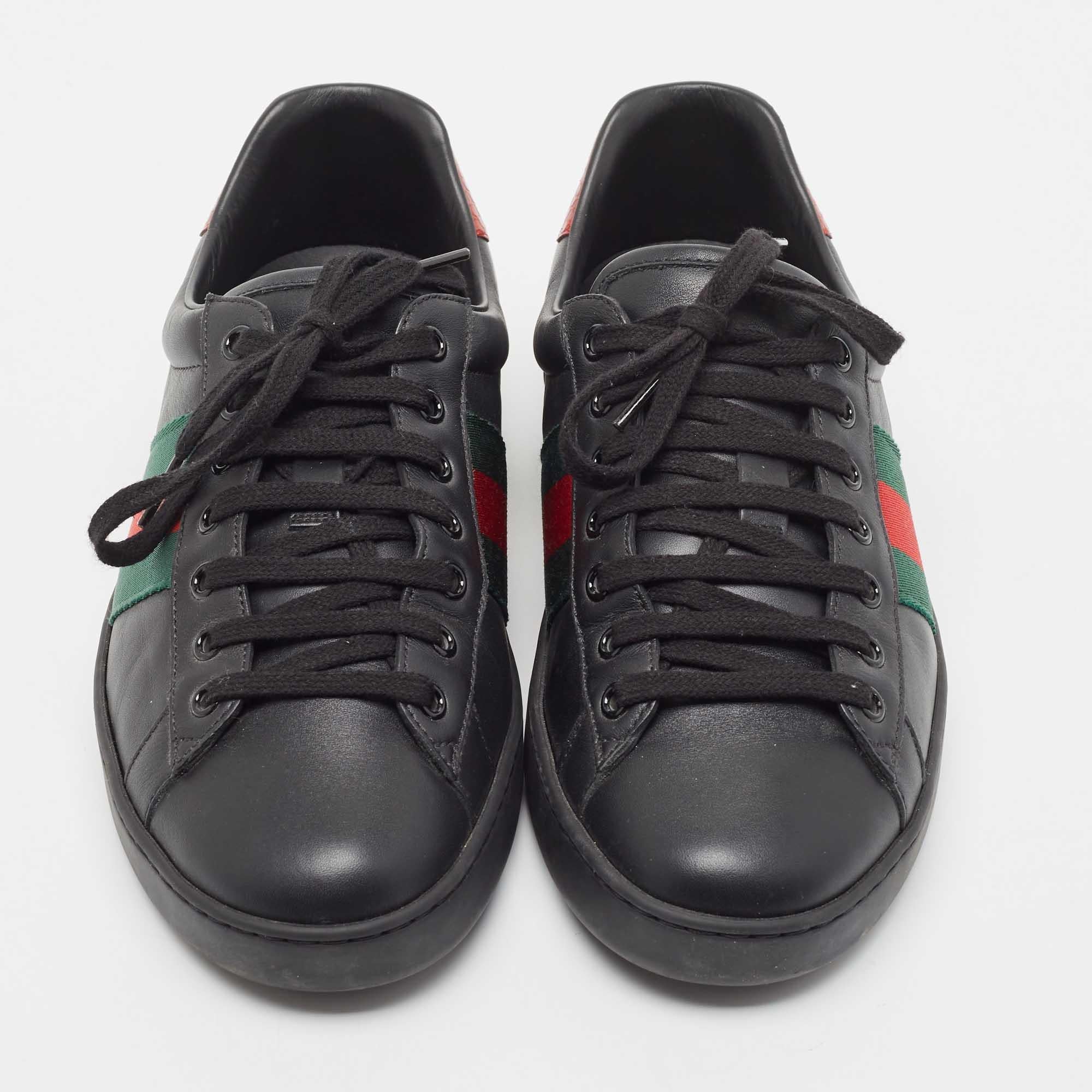 Coming in a classic silhouette, these Gucci black Ace sneakers are a seamless combination of luxury, comfort, and style. These sneakers are finished with signature details and comfortable insoles.

Includes: Original Box, Info Booklet

