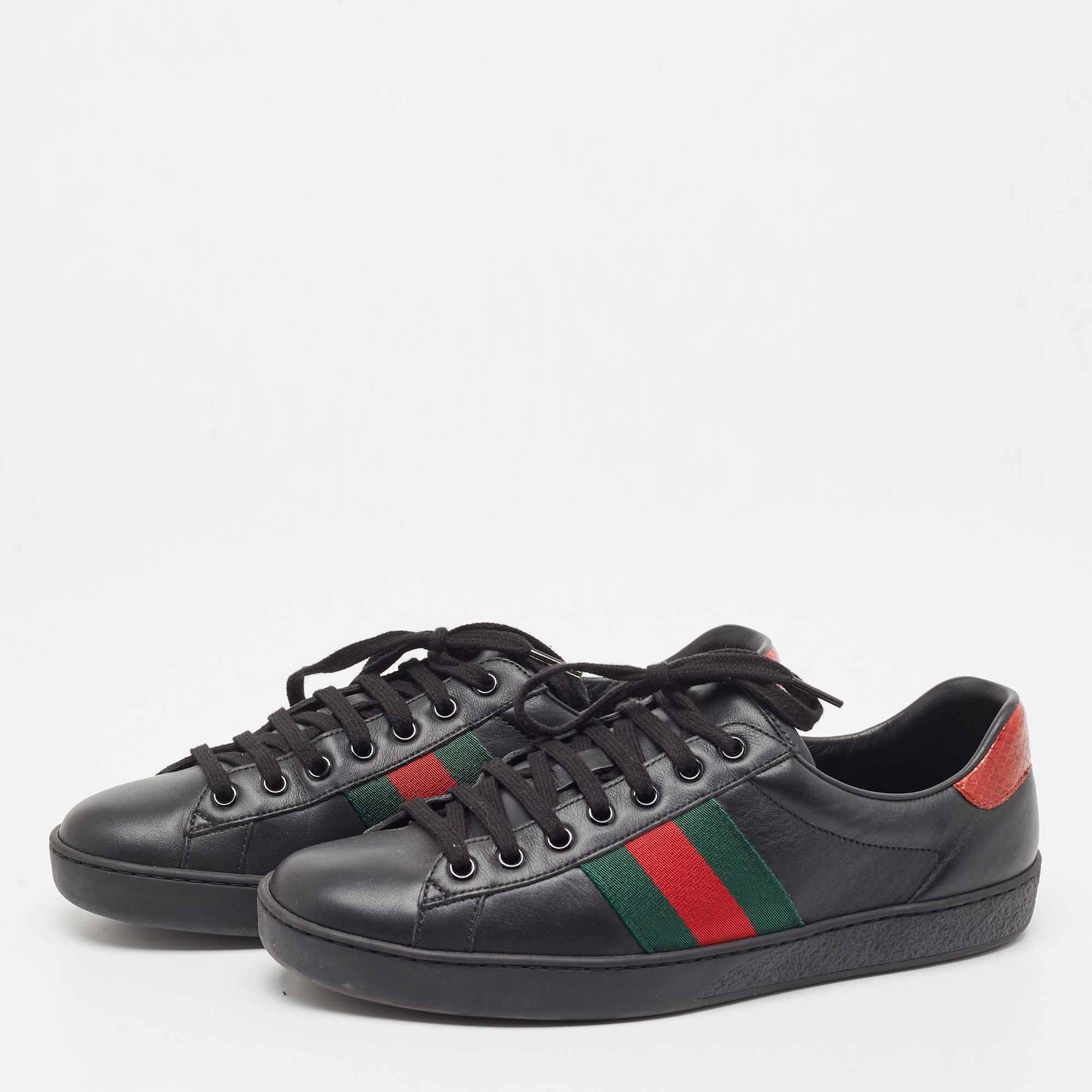 Gucci Black Leather Ace Web Low Top Sneakers Size 41.5 3