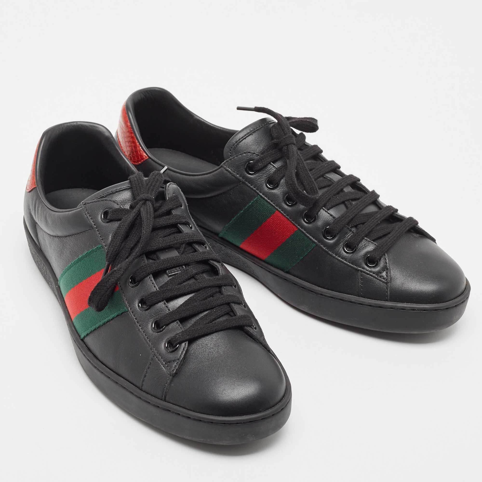 Gucci Black Leather Ace Web Low Top Sneakers Size 41.5 5