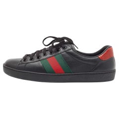 Gucci Black Leather Ace Web Low Top Sneakers Size 41.5