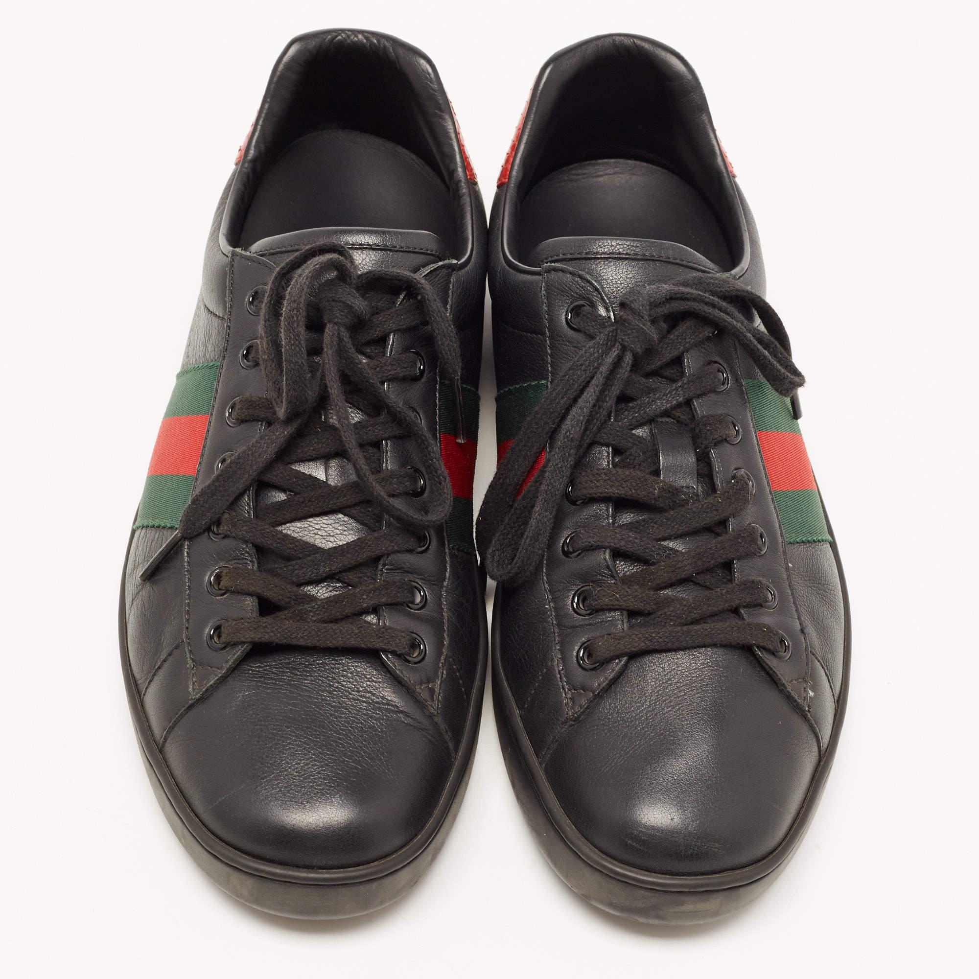 Gucci Black Leather Ace Web Low Top Sneakers Size 42 2