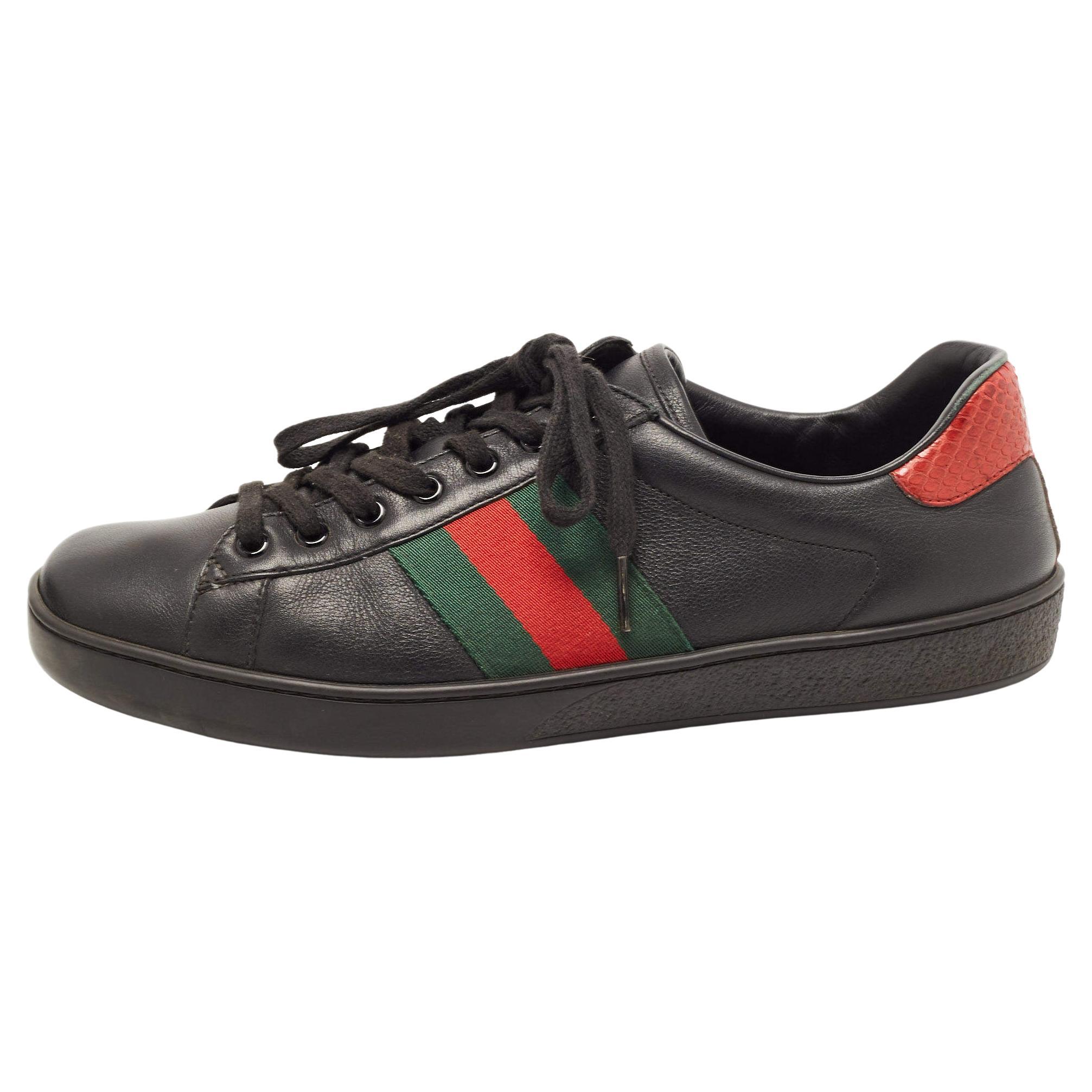 Gucci Black Leather Ace Web Low Top Sneakers Size 42