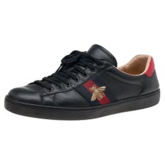 Gucci Black Leather Ace Web Low Top Sneakers Size 45.5