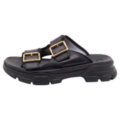 Gucci Black Leather Aguru Buckle Flat Slides Size 42.5