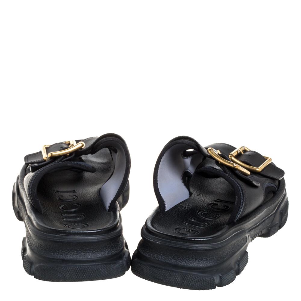Gucci Schwarz Leder Aguru Schnalle Slide Sandalen Größe 42 3