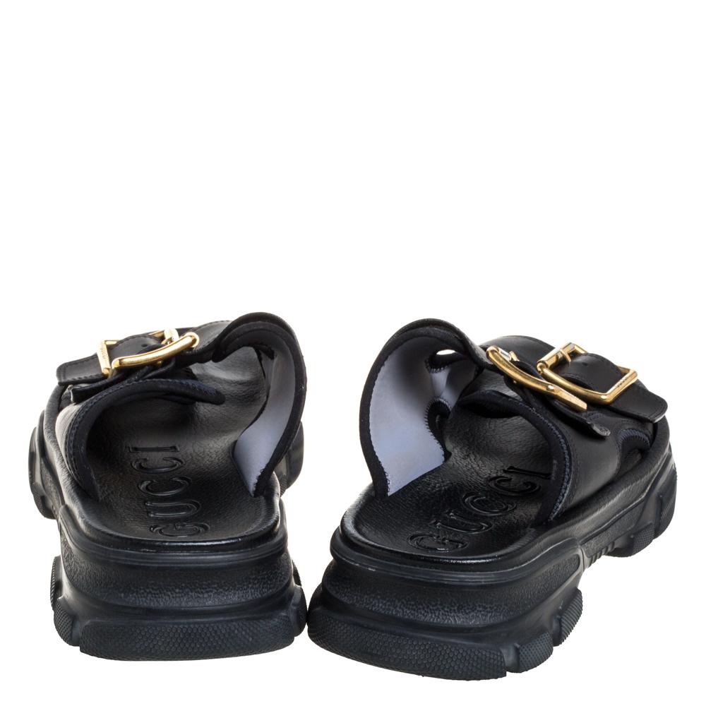 Men's Gucci Black Leather Aguru Buckle Slide Sandals Size 42