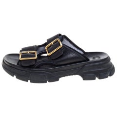 Gucci Black Leather Aguru Buckle Slide Sandals Size 42