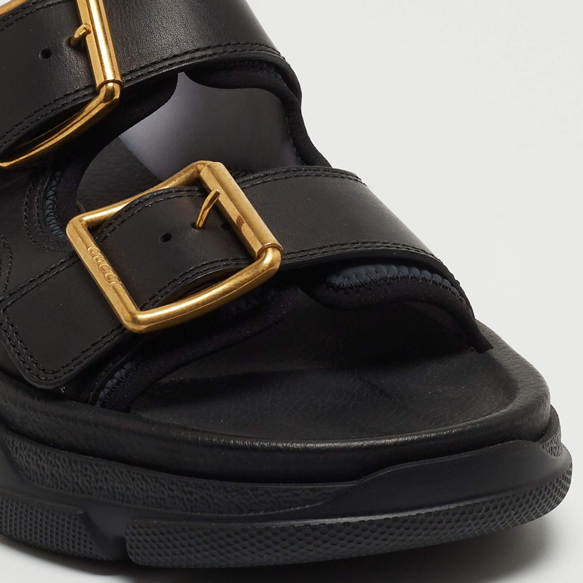 Gucci Black Leather Aguru Double Buckle Flat Sandals Size 43.5 3