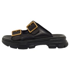 Gucci Black Leather Aguru Double Buckle Flat Sandals Size 43.5
