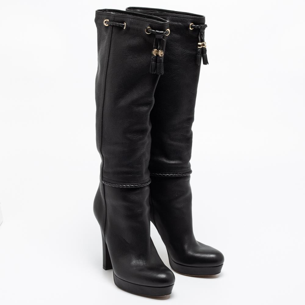 Women's Gucci Black Leather Alexa Platform Knee High Boots Size 37.5