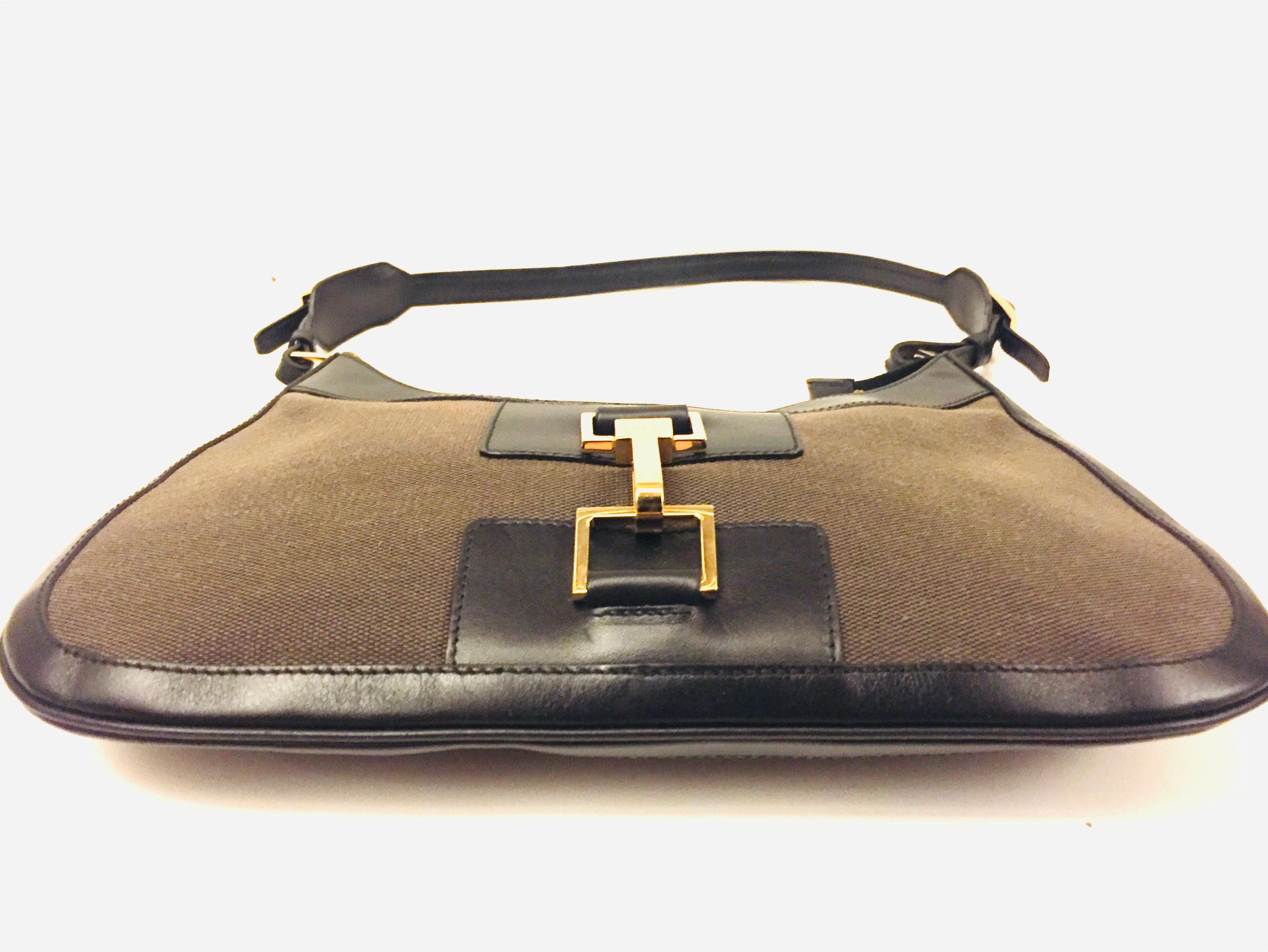Gucci black leather and brown canvas hobo style bag 2