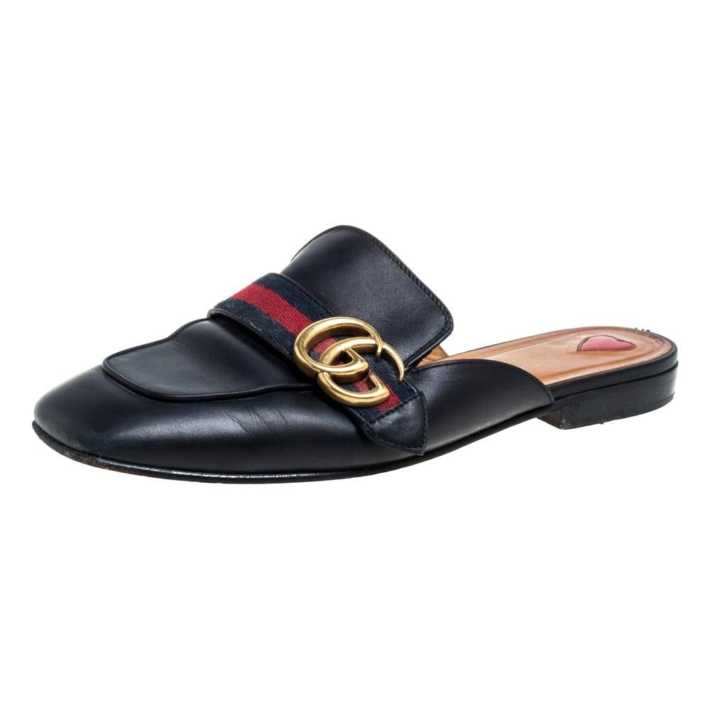 Gucci Black Leather And Canvas GG Web Princetown Slide Mules Size 37