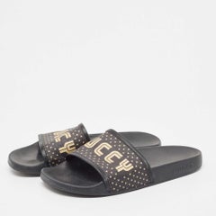Gucci Black Leather and Canvas Guccy Flat Slides Size 40