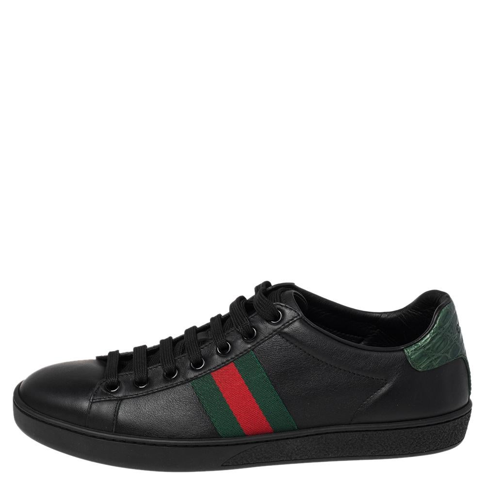 A great choice to elevate your casual look, these sneakers from Gucci feature signature Web trims on the sides and green crocodile trims on the counters. Simple laces and durable rubber soles bring the Gucci Ace sneakers to a fine finish. NOTE: