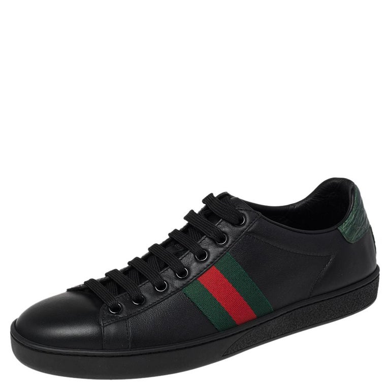 Gucci Black Leather And Croc Trim Web Detail Ace Sneakers Size 39 at 1stDibs