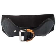 Gucci Black Leather and Elastic Fabric Band Bamboo Buckle Waist Belt 65CM