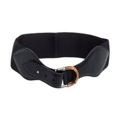 Gucci Black Leather and Elastic Fabric Band Bamboo Buckle Waist Belt 75CM