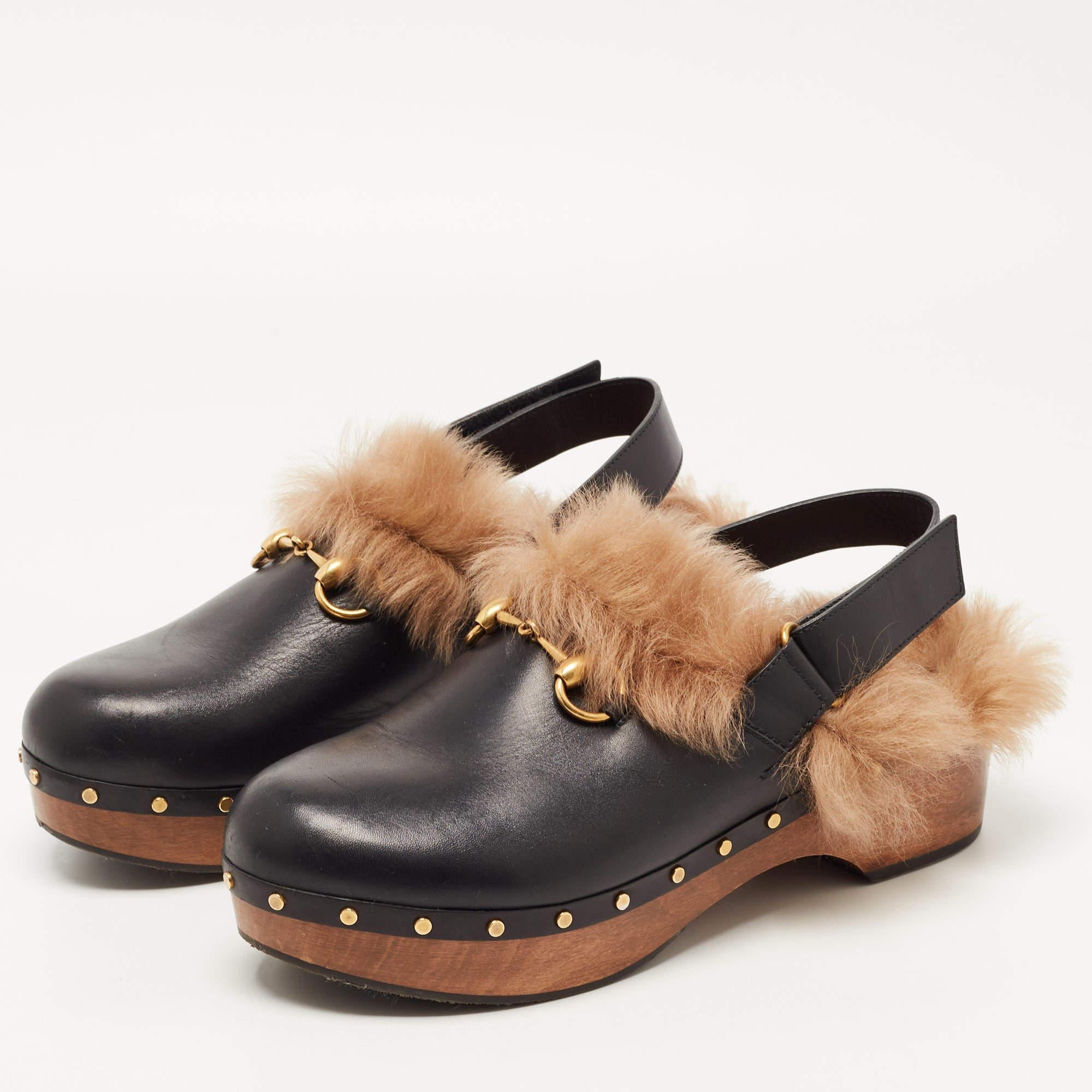 Women's Gucci Black Leather and Fur Amstel Horsebit Slingback Clog Sandals Size 41