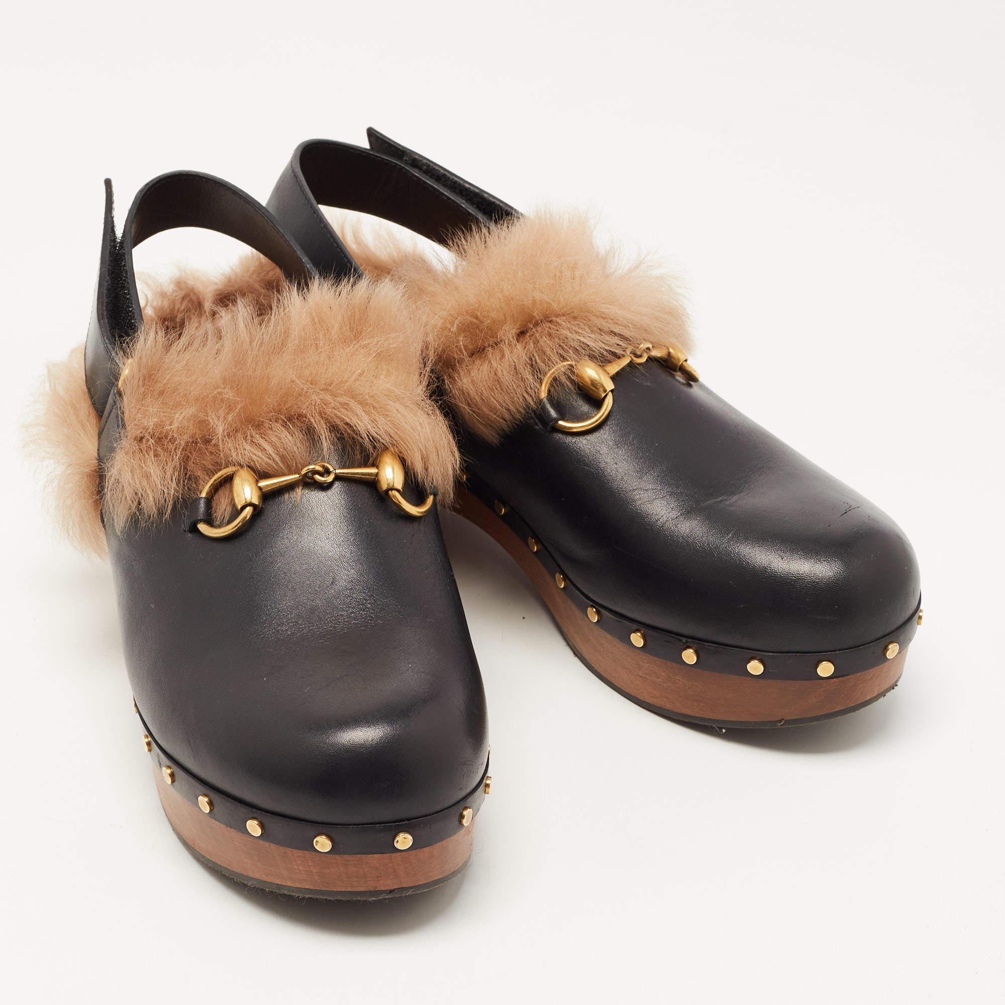 Gucci Black Leather and Fur Amstel Horsebit Slingback Clog Sandals Size 41 1