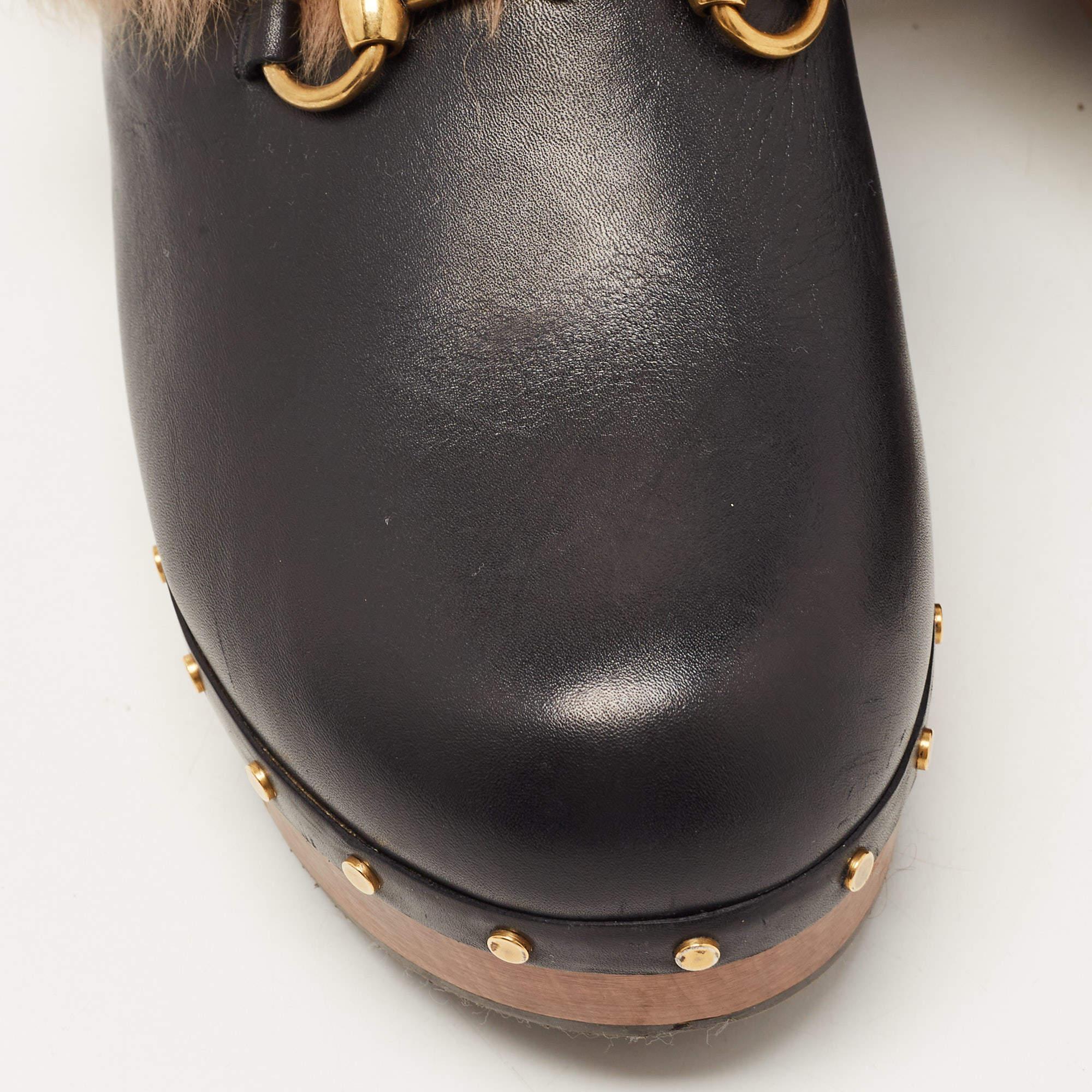 Gucci Black Leather and Fur Amstel Horsebit Slingback Clog Sandals Size 41 3