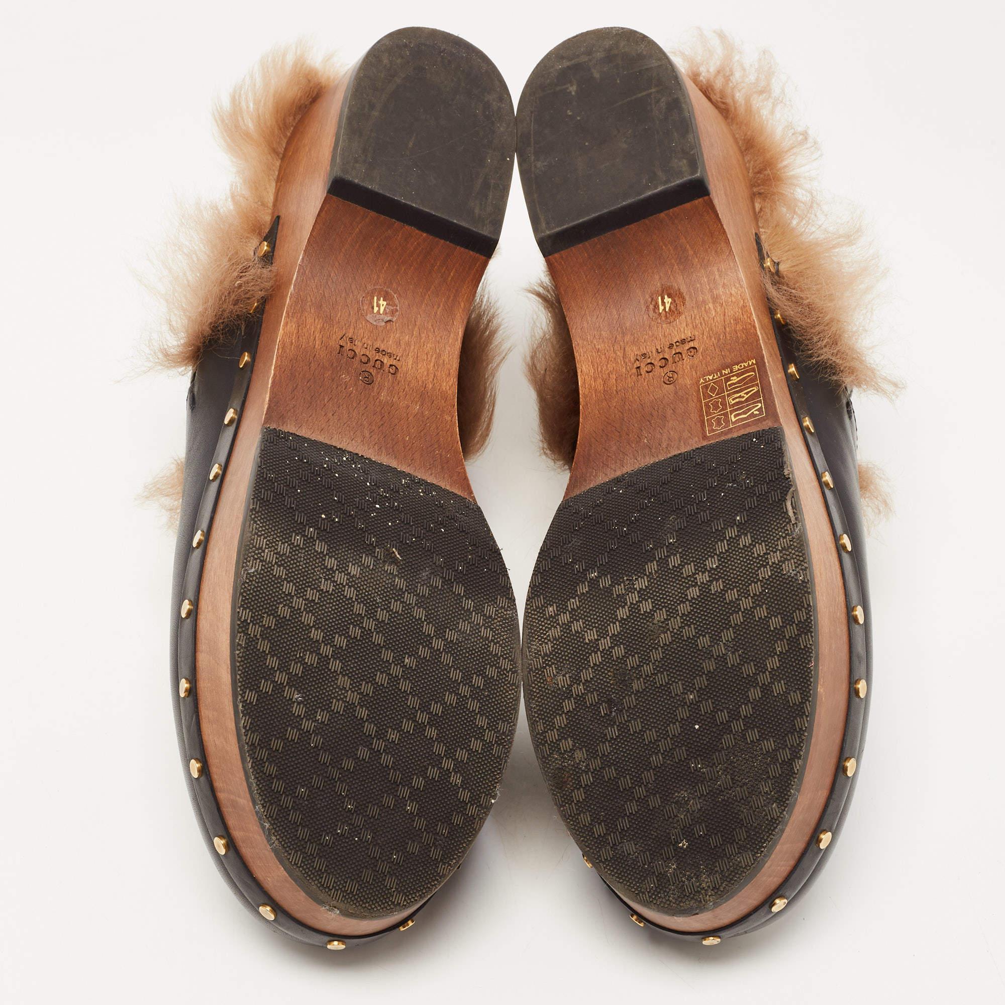 Gucci Black Leather and Fur Amstel Horsebit Slingback Clog Sandals Size 41 4