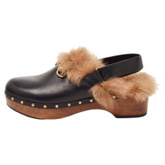 Gucci Black Leather and Fur Amstel Horsebit Slingback Clog Sandals Size 41