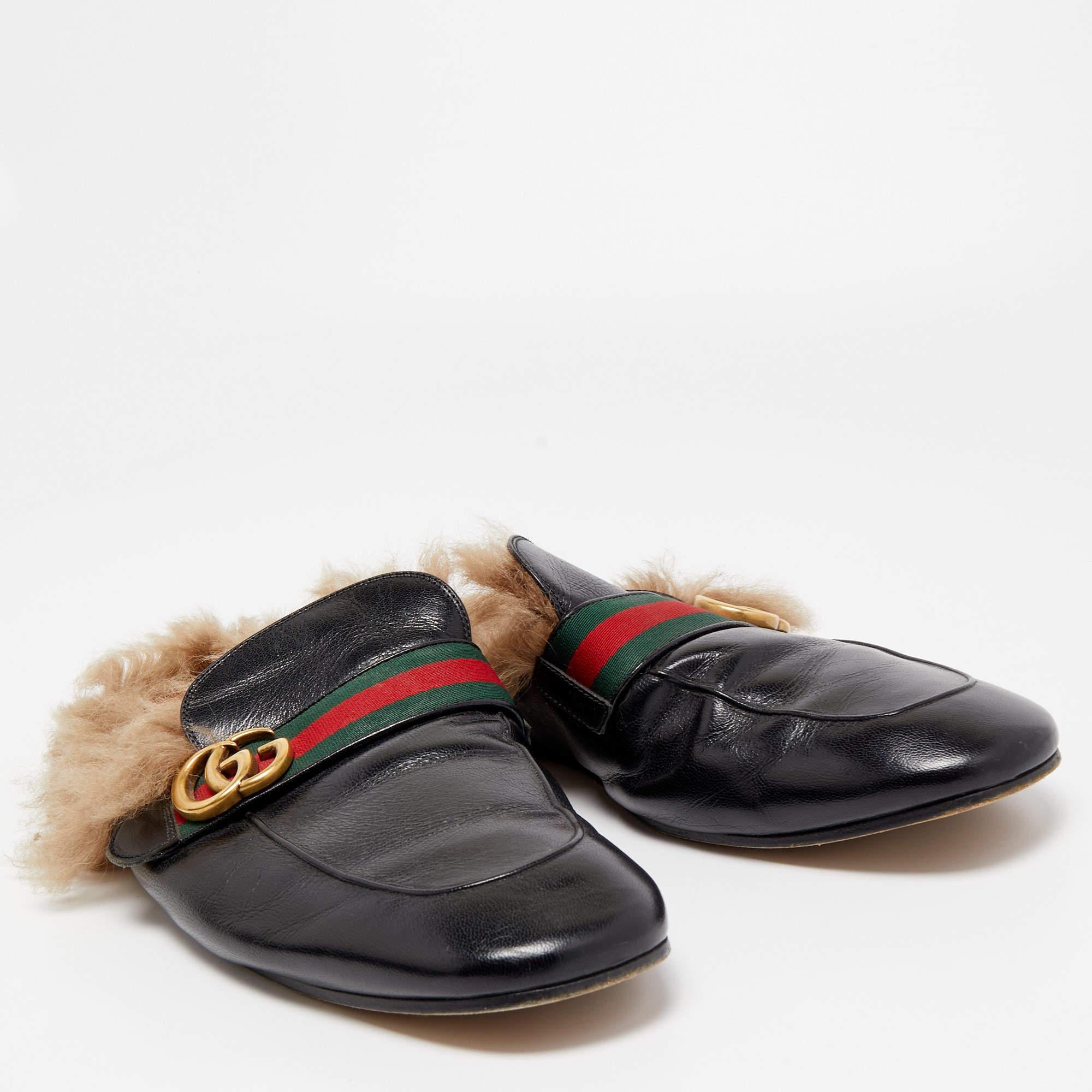 Gucci Black Leather And Fur Lined GG Web Princetown Mules Size 46 1