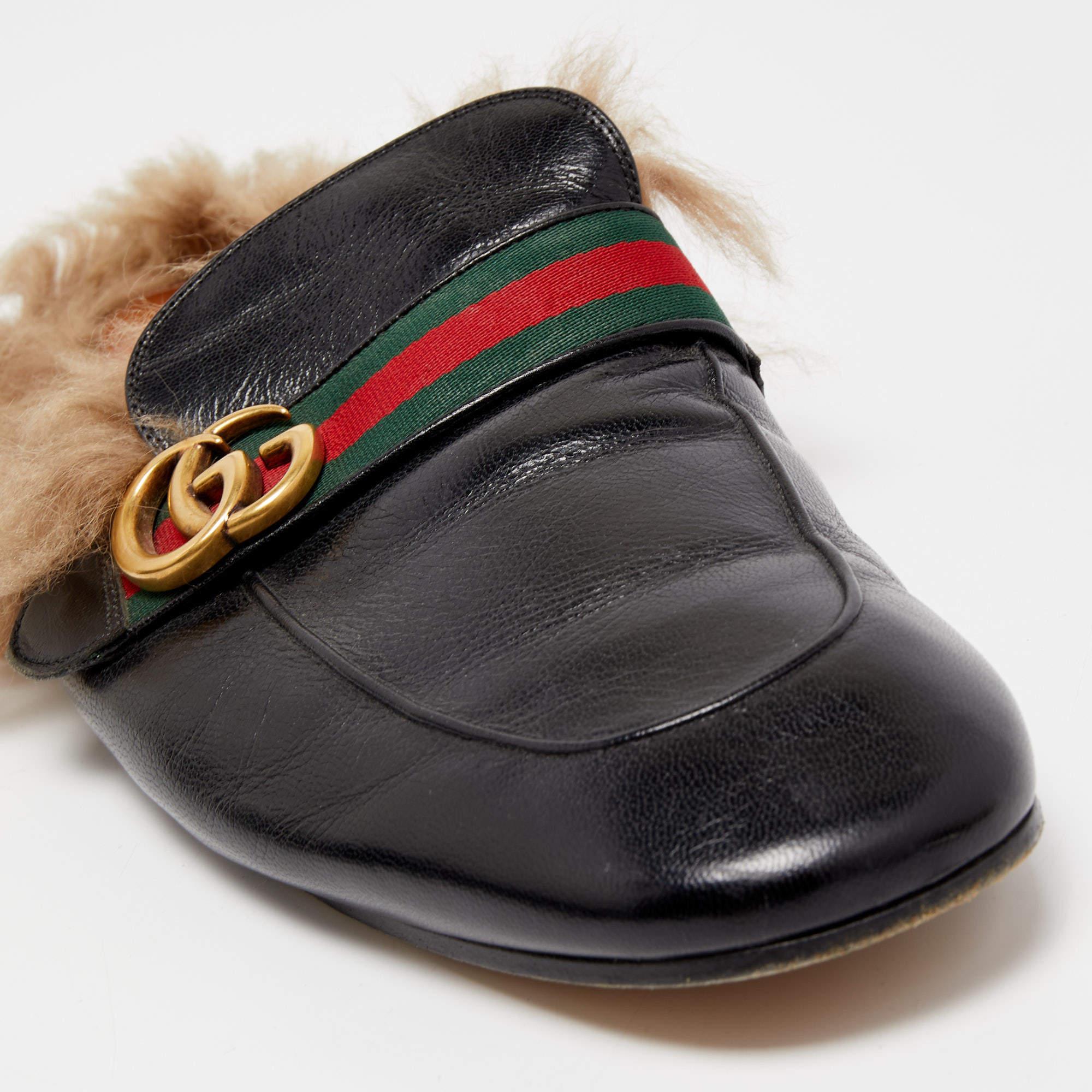 Gucci Black Leather And Fur Lined GG Web Princetown Mules Size 46 3