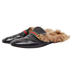 Gucci Black Leather And Fur Lined GG Web Princetown Mules Size 46