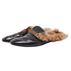 Gucci Mules in pelle nera e foderate di pelliccia GG Web Taglia 46