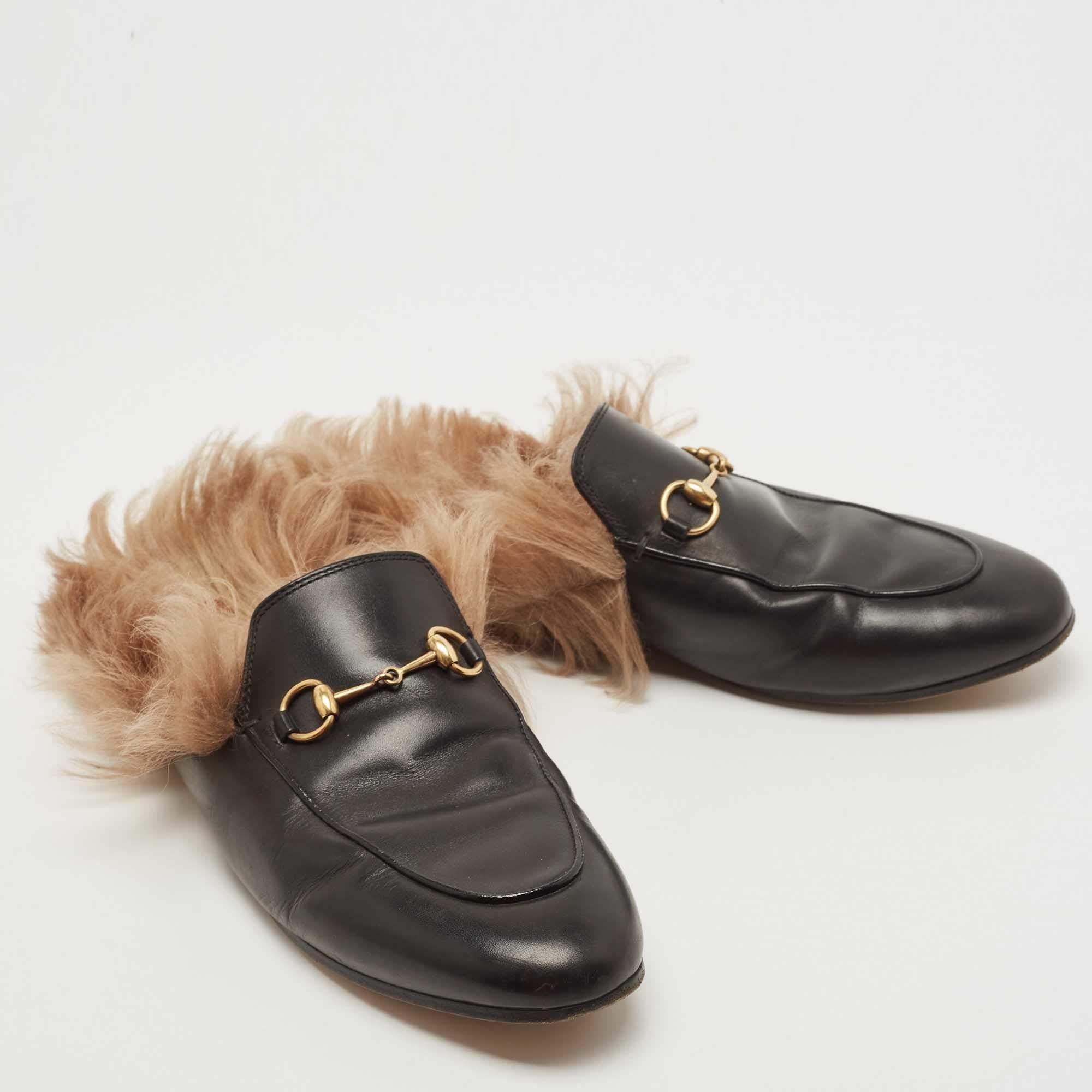 Women's Gucci Black Leather and Fur Princetown Flat Mules Size 39.5