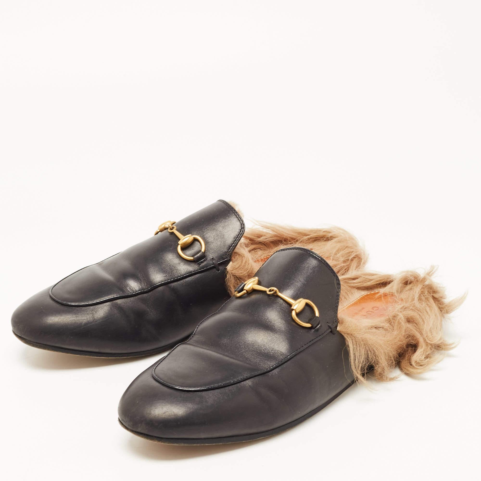 Brown Gucci Black Leather and Fur Princetown Flat Mules Size 40