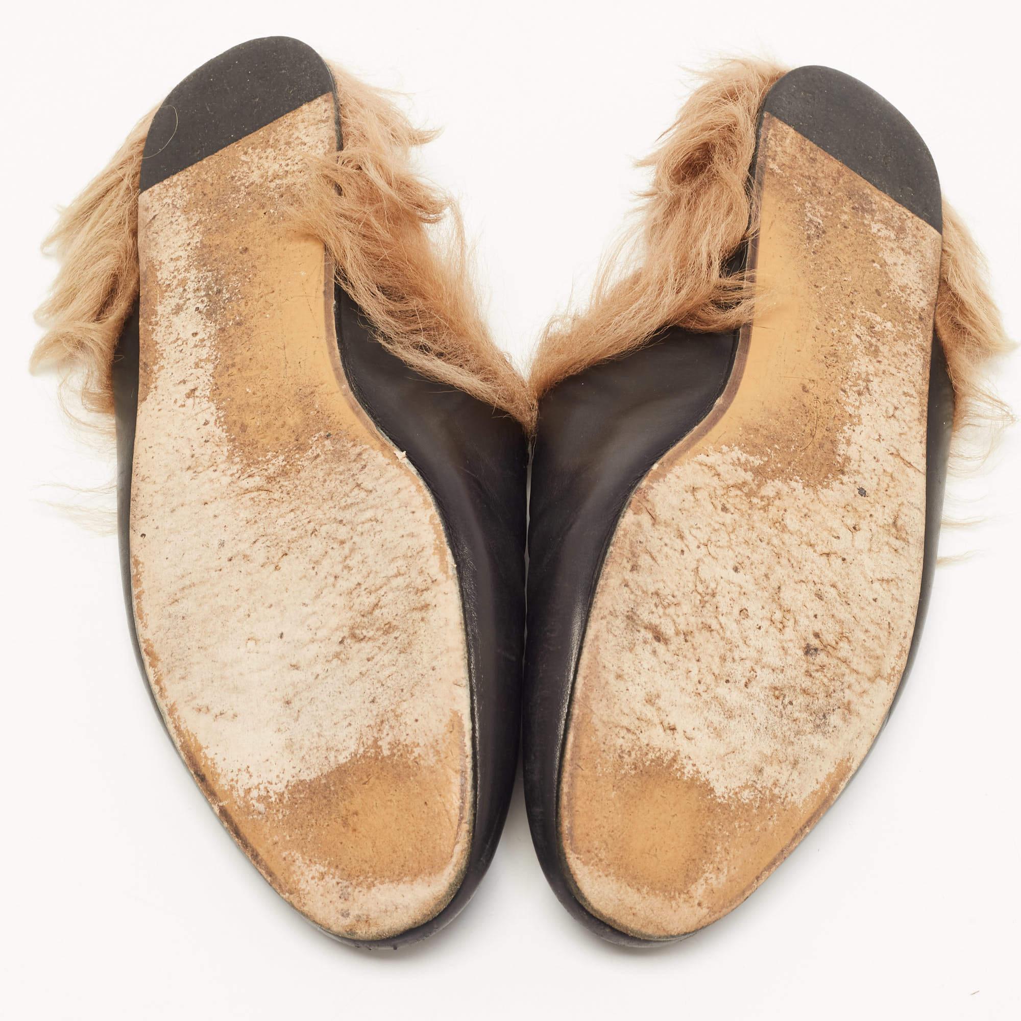 Gucci Black Leather and Fur Princetown Flat Mules Size 40 2