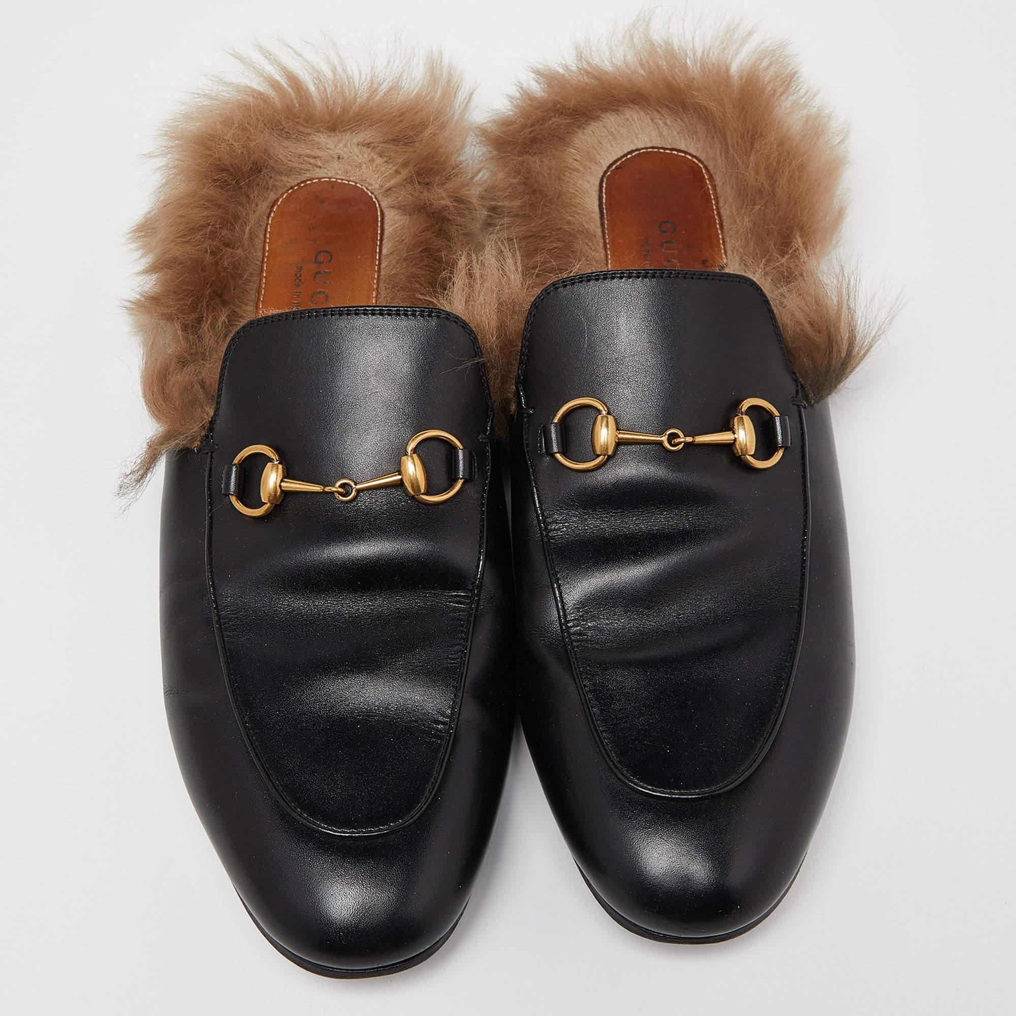Gucci Black Leather and Fur Princetown Flat Mules Size 41 2