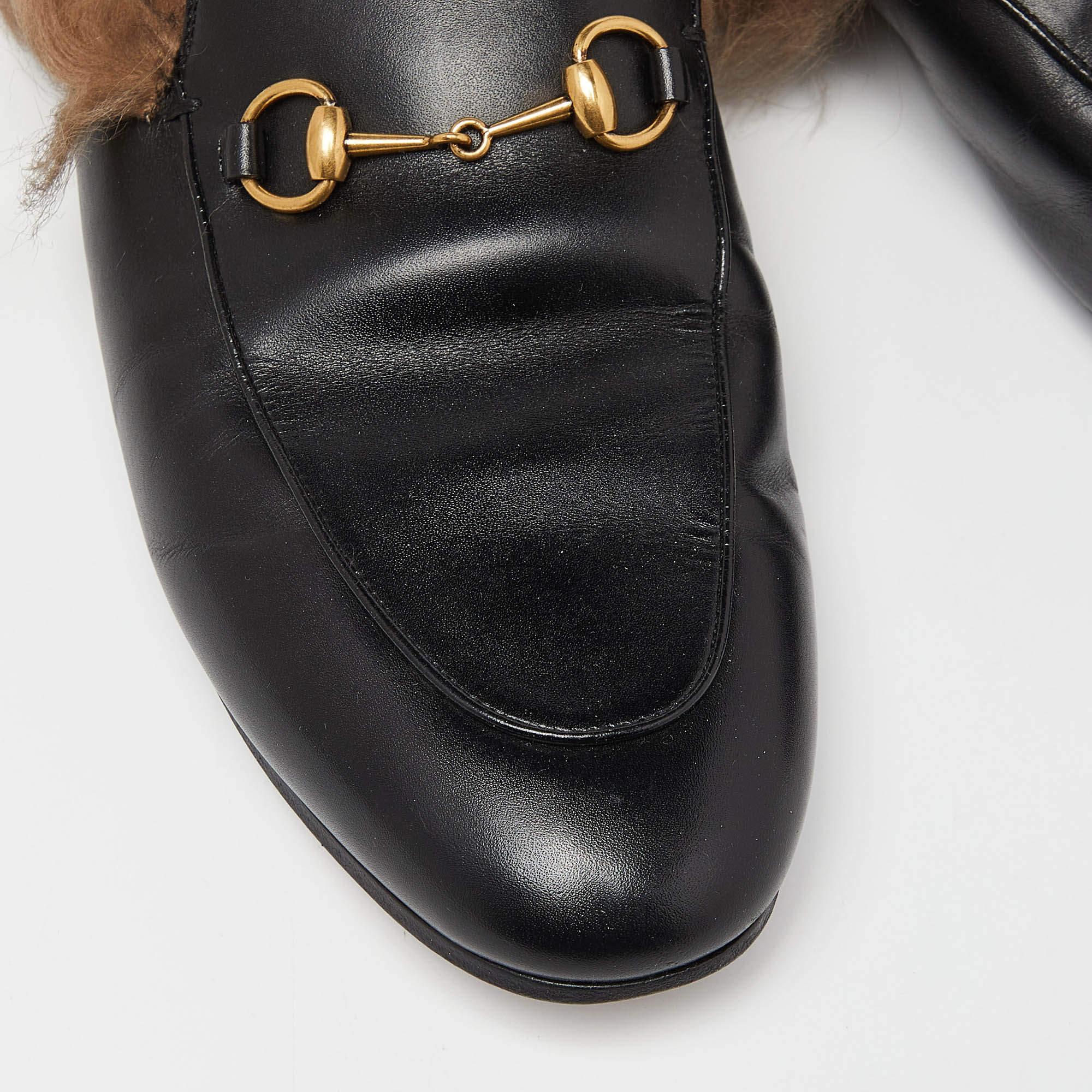 Gucci Black Leather and Fur Princetown Flat Mules Size 41 3