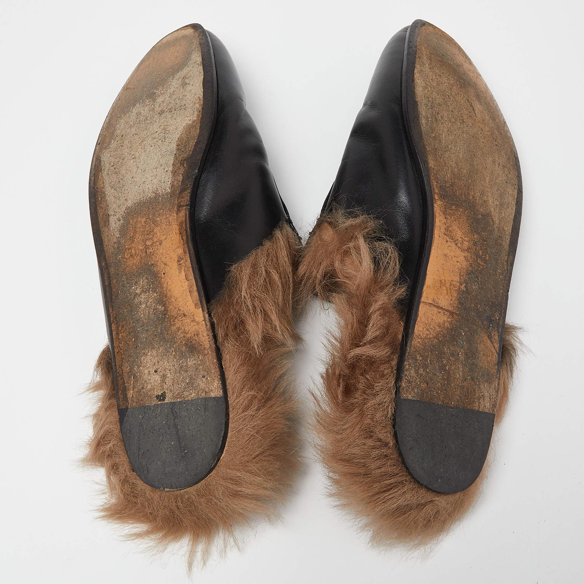 Gucci Black Leather and Fur Princetown Flat Mules Size 41 4