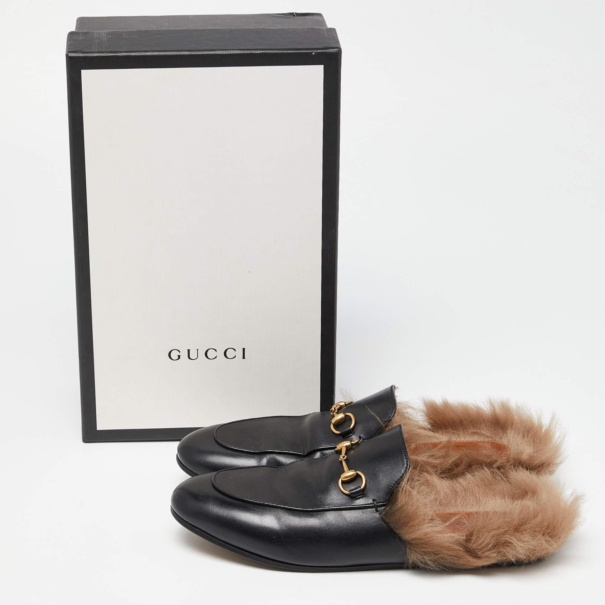 Gucci Black Leather and Fur Princetown Flat Mules Size 41 5