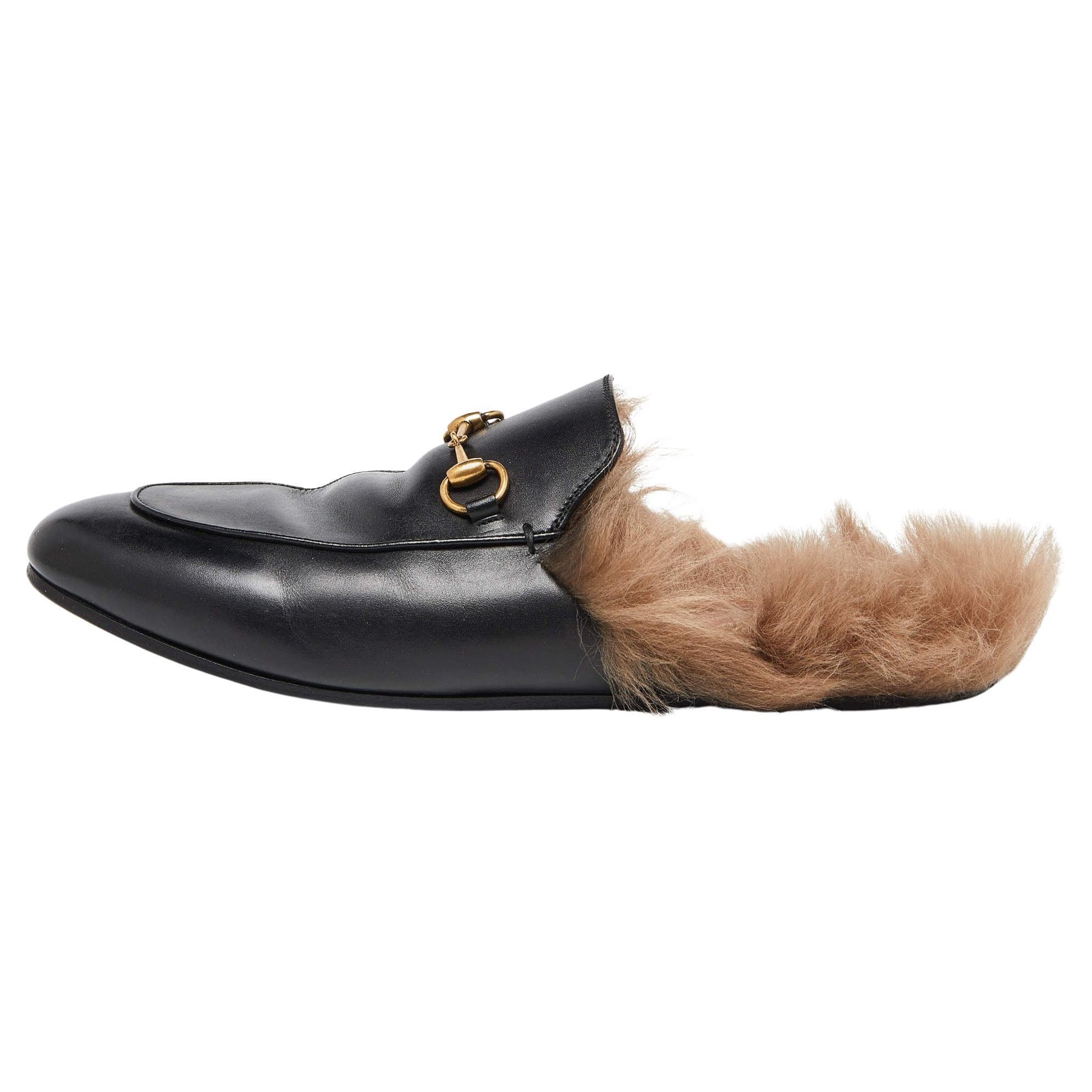Gucci Black Leather and Fur Princetown Flat Mules Size 41