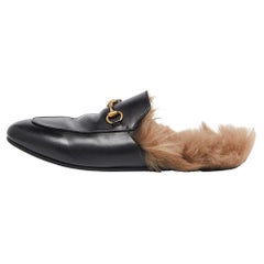 Used Gucci Black Leather and Fur Princetown Flat Mules Size 41