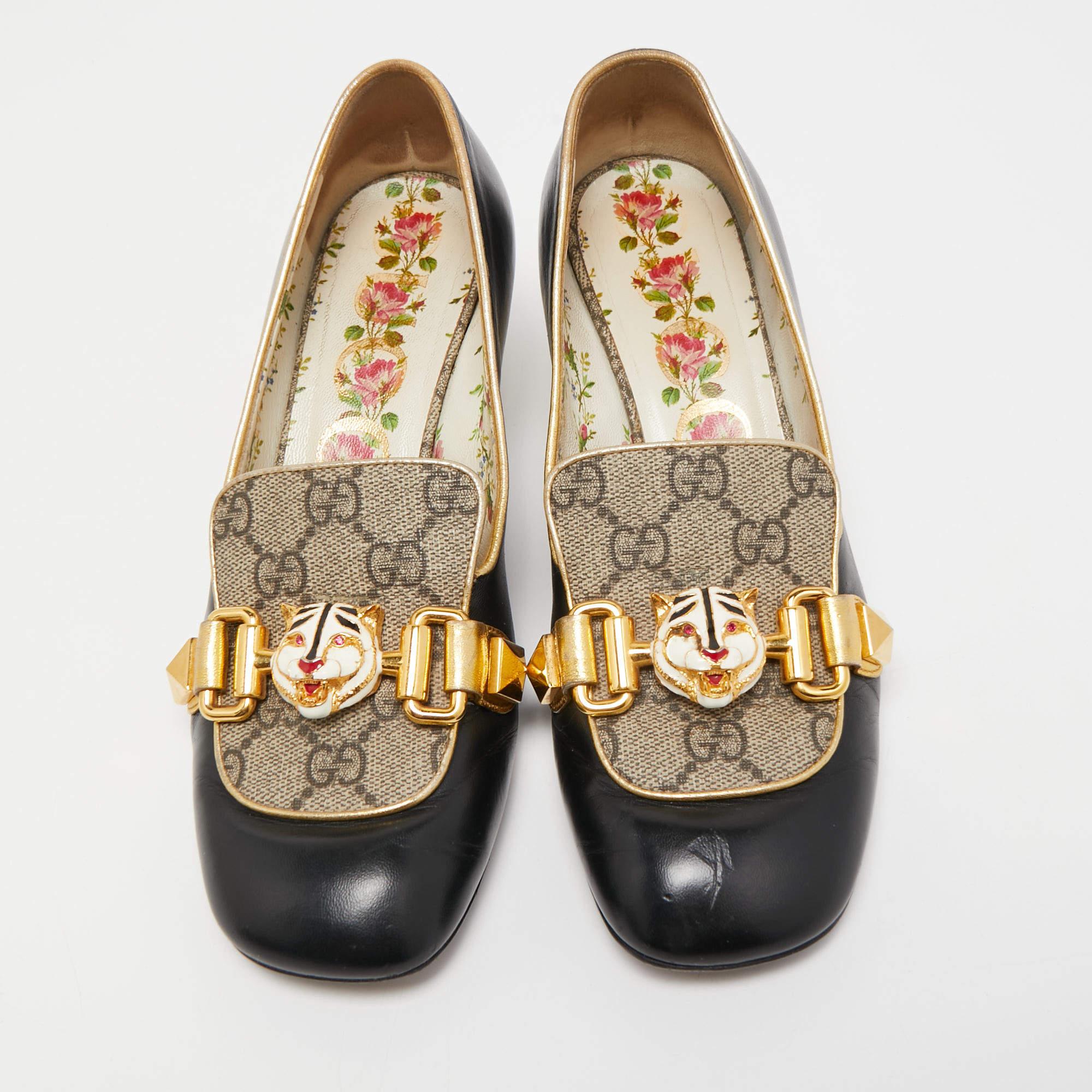 Exhibit an elegant style with this pair of pumps. These Gucci shoes for women are crafted from quality materials. They are set on durable soles and block heels.

Includes: Original Box
