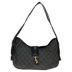 Gucci Black Leather And GG Denim Hobo