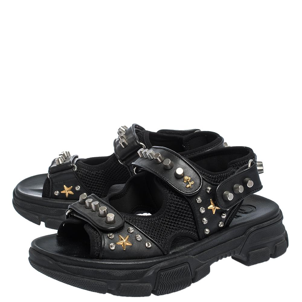 Men's Gucci Black Leather And Mesh Aguru Studded Platform Sandals Size 41
