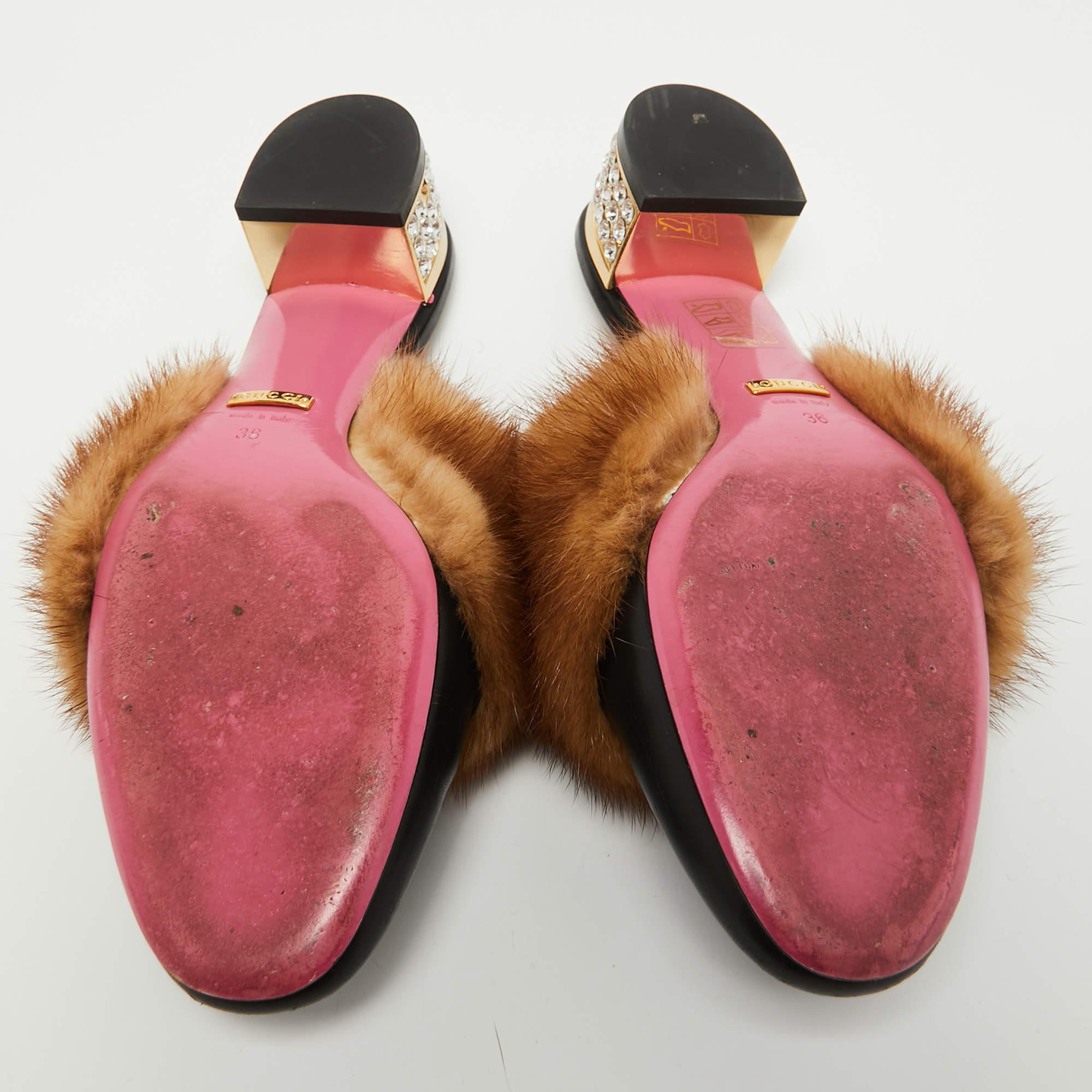 Gucci Black Leather and Mink Fur Candy Embellished Mules Size 36 For Sale 1